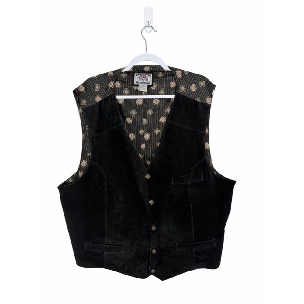 Vintage New Terrain Leather Vest 3X Black Western Biker Cowboy Button Front Silk